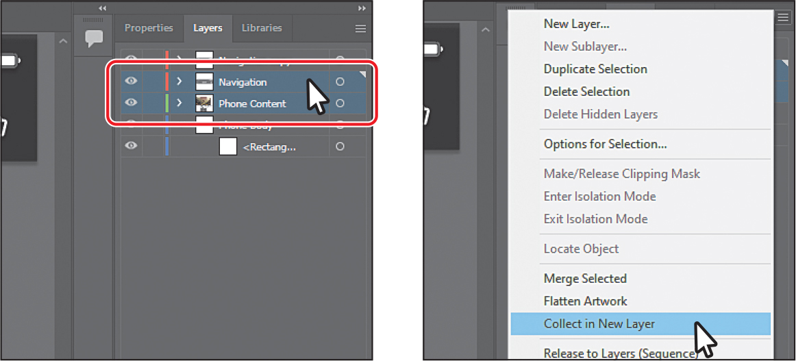 A screenshot of the Layers panel shows three layers. An arrow from the <Rectangle> object under the Phone Body layer points to the Phone layer. A hand icon is placed over the Phone layer.