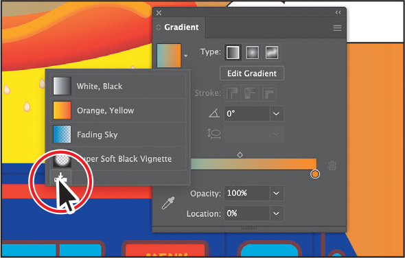 A screenshot shows the gradient panel. The gradient menu arrow from the gradient panel is highlighted.