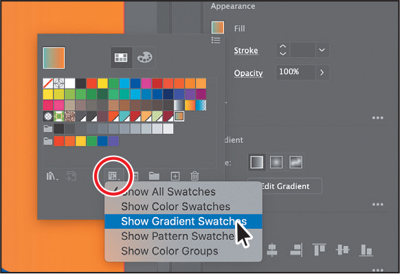 A screenshot shows the fill box option in the properties panel. In the swatches panel, new gradient swatch 1 is selected.