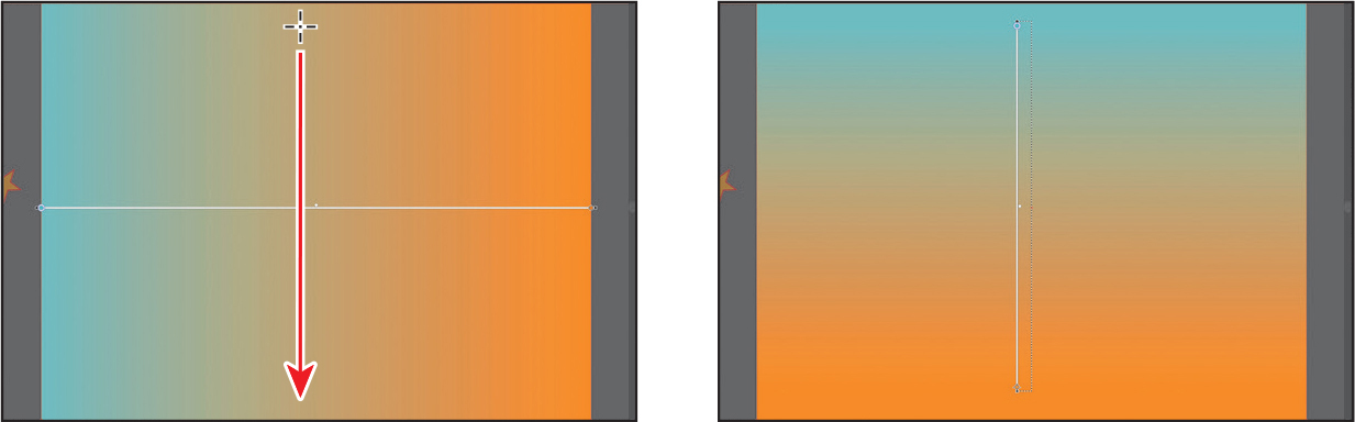 Two screenshots depict adjusting a linear gradient fill.