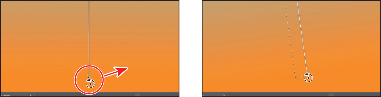 Two screenshots depict adjusting a linear gradient fill.