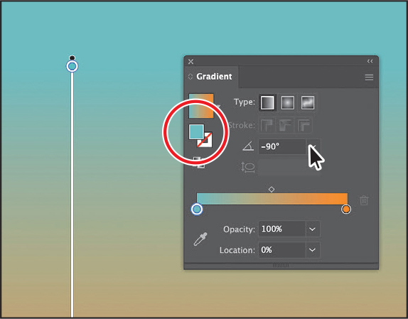 A screenshot of the Gradient Panel overlaps a gradient filled rectangle on the art board. The fill box in the Gradient panel is encircled. The value, negative 90 is entered in the angle box. The stop circles on either end of the gradient slider show blue and orange.