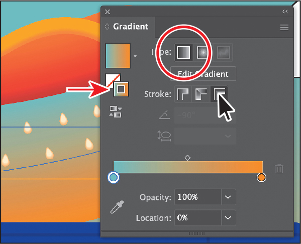 A screenshot of the Gradient panel depicts editing a gradient on a stroke.