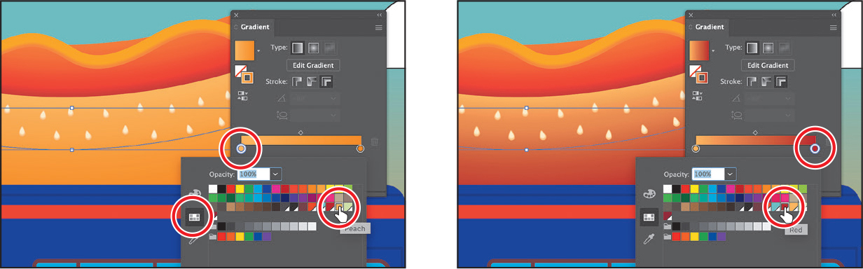 Two screenshots depict editing a gradient on a stroke.