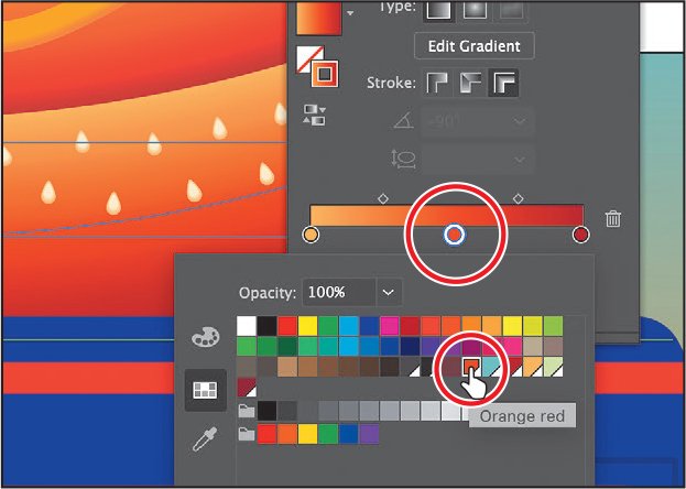 A screenshot of two panels that overlap an artwork represents the creation of a color stop. The first panel is the Gradient panel with the new color stop at the center encircled. The second panel is the Swatches panel with the swatch named, Orange Red selected.