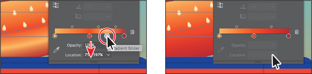 Two screenshots depict removing a color stop from the Gradient panel.