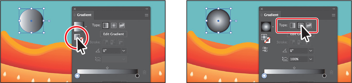 Two screenshots depict applying a radial gradient to an artwork.