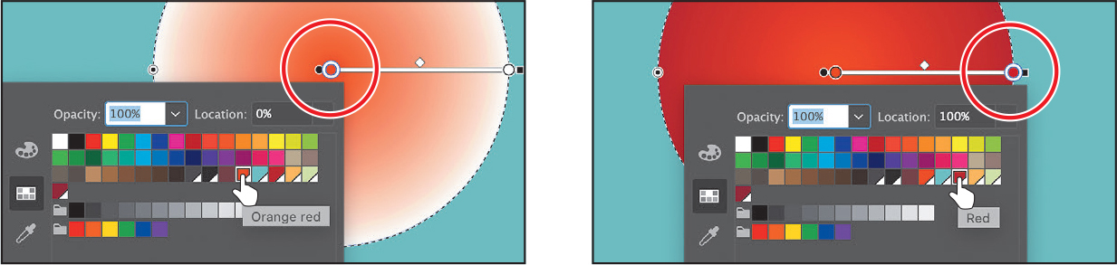 Two screenshots depict editing the colors in the radial gradient.