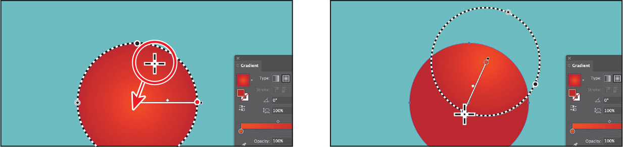 Two screenshots depict adjusting the radial gradient.