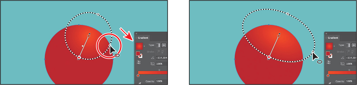 Two screenshots depict adjusting the radial gradient by dragging the black point on the dashed ring.