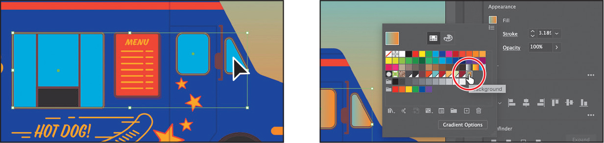 Two screenshots depict applying gradients to multiple objects.