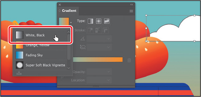 A screenshot of the Gradient panel overlapping the art board depicts adding transparency to gradients. The art board shows a white cloud within a bounding box. In the Gradient panel, fill box is selected. The Gradient menu arrow is clicked to reveal a list of options from which White, Black is selected.