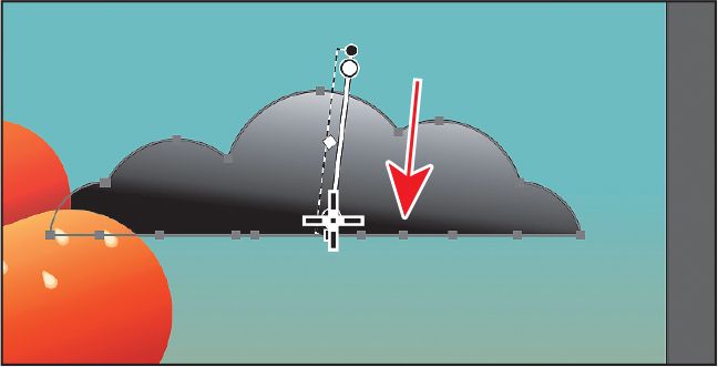 A screenshot of the art board shows a cloud with White, Black gradient fill. The cloud has a gradient annotator. The pointer is dragged from just above the cloud to the bottom edge at an angle and is indicated by a downward arrow.