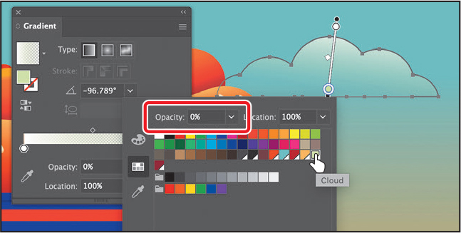 A screenshot of the Gradient panel and Swatches panel overlapping the art board depicts adding transparency to gradients.