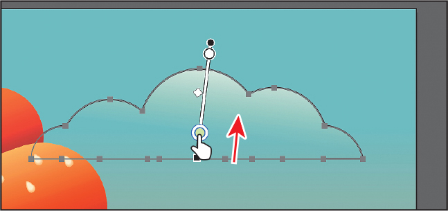 A screenshot of the art board shows a gradient-filled cloud with a gradient annotator. The color stop at the top is a little above the cloud. The color stop at the bottom is a little above within the cloud and an upward arrow is beside.