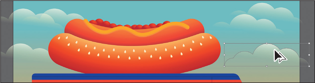 A screenshot of the art board shows a close-up view of a hot dog placed on top of a food truck. The background shows several clouds on a light blue background. One of the clouds is in a bounding box and the selection tool is placed over it.