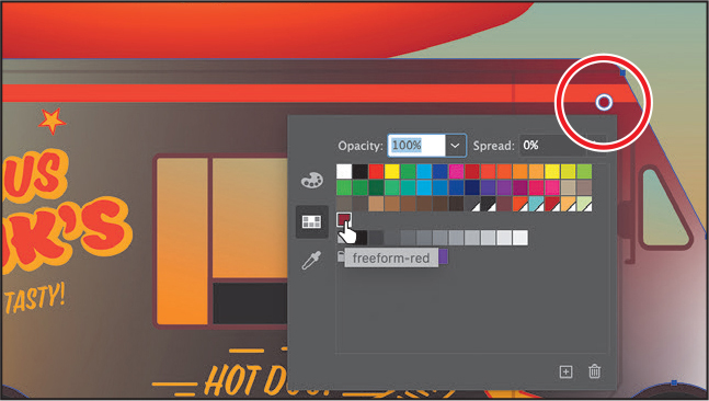 A screenshot of the art board shows a food truck filled with a freeform gradient. The art board shows a color stop at the top-right corner of the truck is encircled. The Swatches panel overlapping the truck shows a hand icon pointing to the swatch named, Freeform-Red.