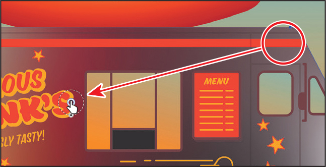 A screenshot of the art board shows a food truck filled with a freeform gradient. The top-right corner of the truck is encircled and an arrow from it points to the Freeform-Red color stop near the left-center of the truck. The color stop has a dashed circle around it and a hand icon points to it.