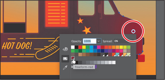 A screenshot shows the Swatches panel overlapping the art board. In the Swatches panel, the swatch named, Freeform-Red is selected. The art board shows a food truck with a Freeform-Red color stop at the front of the truck encircled.