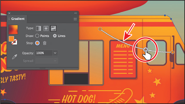 A screenshot of the Gradient panel overlapping the art board depicts applying color stops in Lines mode.