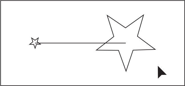 A screenshot of an artwork in outline mode shows a small star on the left and a large star on the right with a horizontal straight path in between which is the spine.