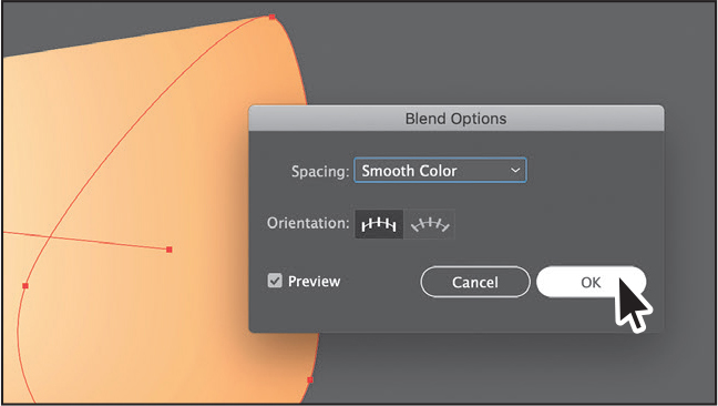 The settings of the Blend Options dialog box are as follows. Spacing drop-down menu set to Smooth Color. The preview checkbox at the bottom is selected. Two buttons, OK and cancel are present at the bottom-right from which the OK button is selected.