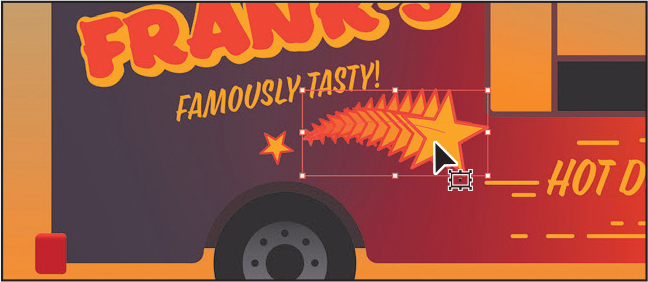 A screenshot of the art board shows the rear part of a food truck. A star artwork is placed near the lower part of the truck and is enclosed in a bounding box with a selection tool over it.