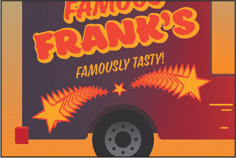 A screenshot of the art board shows the rear part of a food truck with star artworks on the lower left part of the truck and to its right. The artwork on the lower left part is flipped. Text above reads, Famous Frank's Famously Tasty!