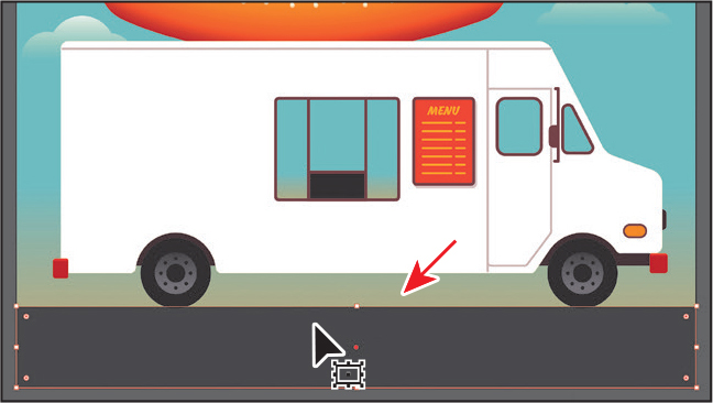 A screenshot of the art board shows a white food truck on a dark gray road (rectangle). An arrow from the truck points to the rectangle. The dark gray road is selected using the selection tool.