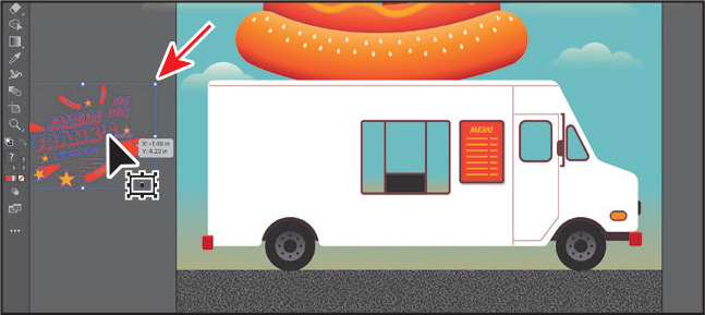 A screenshot of the art board shows a white food truck with a hot dog on top of it. Frank's text to the left of the art board is selected and an arrow points to it.