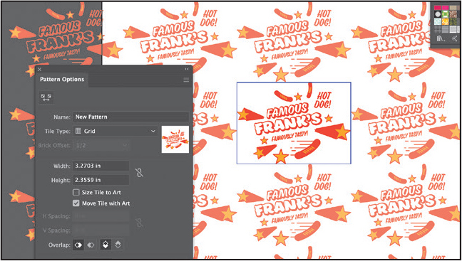 A screenshot of the Pattern Options panel overlapping the art board is shown. The art board in the Pattern Editing Mode shows Frank's text artwork in the center with a series of lighter-colored copies of the artwork around it.