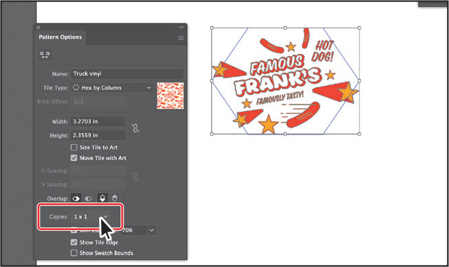 A screenshot of the Pattern Options panel overlapping the art board is shown. In the Pattern Options panel, the Copies menu at the bottom is set to 1 x 1. The art board shows a single copy of Frank's text artwork within the pattern tile.