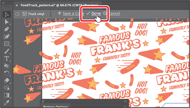 A screenshot of the art board in the Pattern Editing Mode shows Frank's text artwork within a hexagon along with a series of lighter-colored copies of the artwork. The Done option in the bar along the top of the window is selected and outlined.