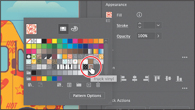 A screenshot shows the fill box in the properties panel. The truck-vinyl pattern swatch is selected.