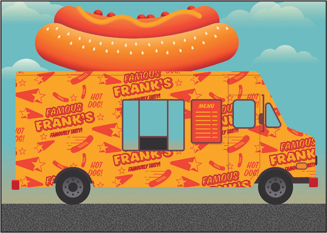 An artwork created using Illustrator shows a food truck in yellow/orange with a hot dog at the top on a dark gray road. The Famous Frank's text pattern is layered on top of the yellow/orange swatch. The background shows several clouds on a blue background.