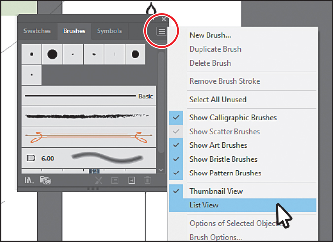 A screenshot of the Brushes panel with the Brushes panel menu icon clicked to reveal a list of options.