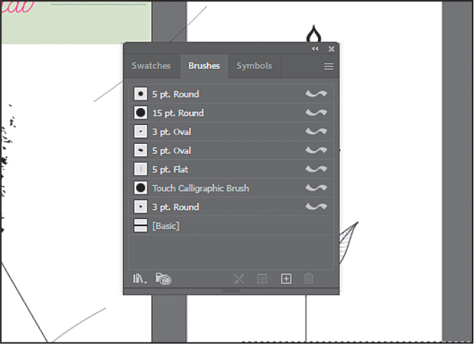 A screenshot shows the brushes panel overlapping the art board. In the panel, 5 pt. Flat brush is selected and outlined.