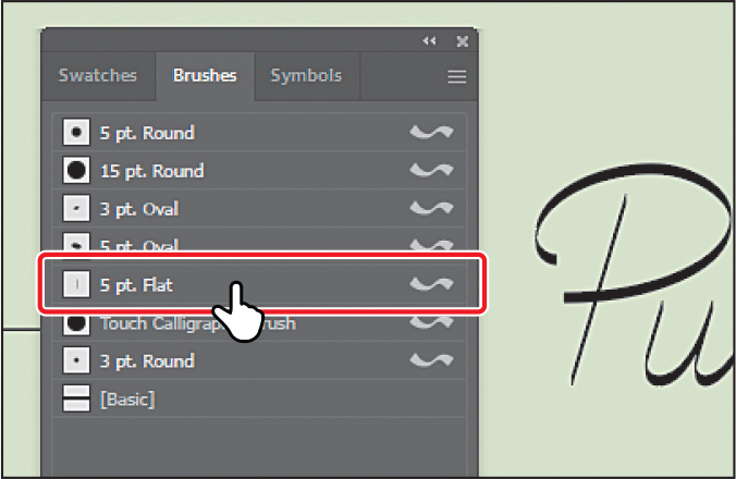 A screenshot of the Brushes panel overlapping the art board shows the 5 pt. Flat brush selected and encircled.