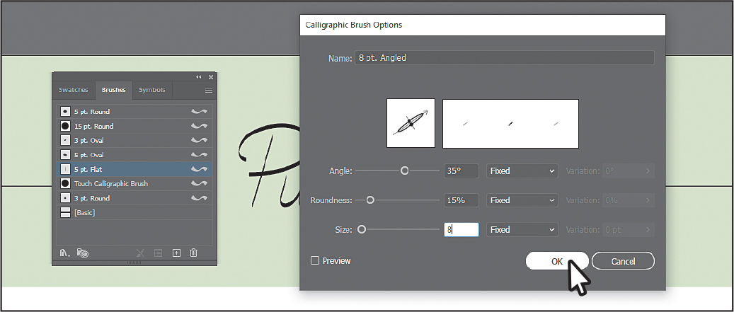 A screenshot shows the Brushes panel and the Calligraphic Brush Options dialog box overlapping the art board.