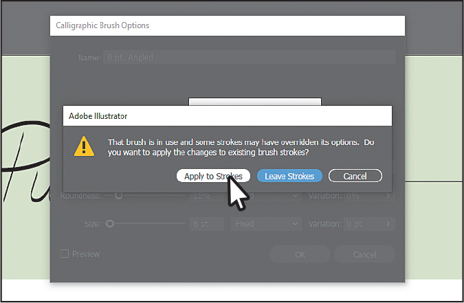 A screenshot shows the Adobe Illustrator dialog box overlapping the Calligraphic Brush Options dialog box.