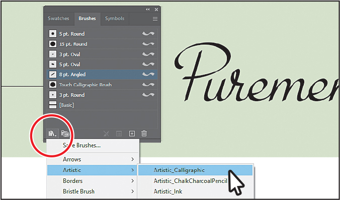 A screenshot shows the Brushes panel overlapping the art board.