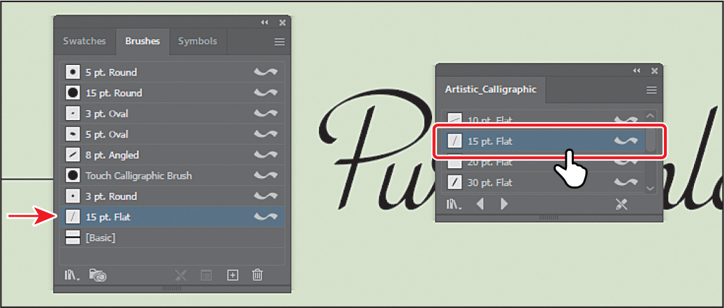 A screenshot shows the Brushes panel and Artistic_Calligraphic panel overlapping the art board. In the Brushes panel, 15 pt. Flat is selected. In the Artistic_Calligraphic panel, 15 pt. Flat is selected and outlined.