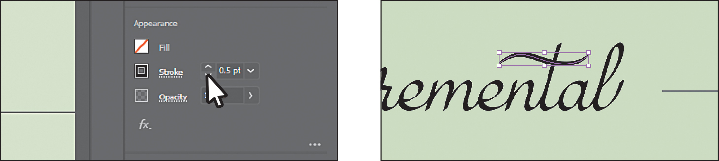 Two screenshots depict drawing with the paintbrush tool. The first screenshot shows the Appearance section of the Properties panel. In the section, stroke weight is set to 0.5 point. The second screenshot of the art board reads the text Pure mental with the letter t showing a calligraphic stroke, thinner in size.