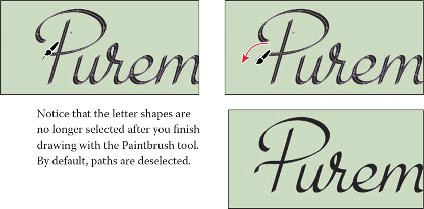 A screenshot of selecting the shapes for the text, pure mental. It is illustrated in three boxes. The paintbrush pointer is placed near P on the second box. The text reads as follows. Notice that the letter shapes are no longer selected after you finish drawing with the Paintbrush tool. By default, paths are deselected.