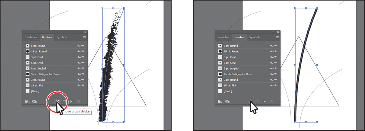 Two screenshots depict removing a brush stroke.