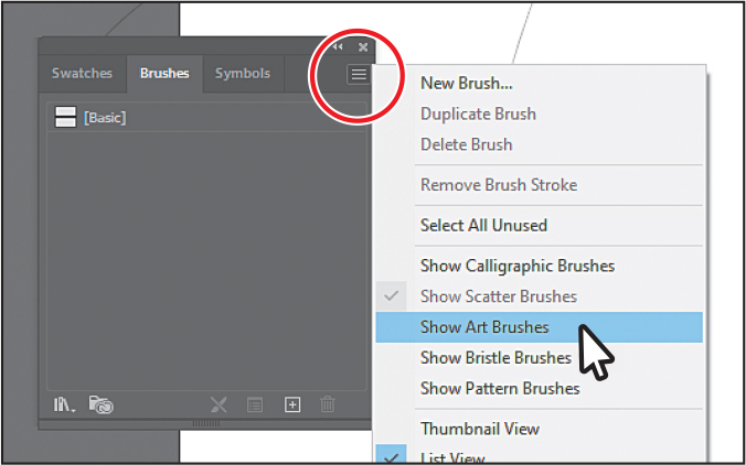 A screenshot shows the brushes panel. The brushes panel menu icon is selected. The menu displays a list of options. From the list, show art brushes is deselected.