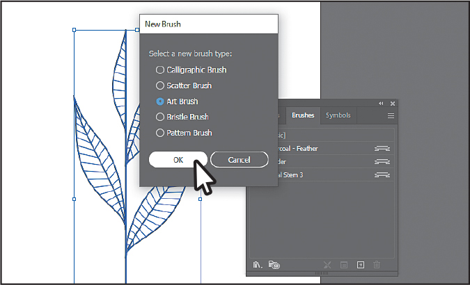 A screenshot of the New Brush dialog box overlapping the art board and the Brushes panel is shown. The dialog box shows the select a new brush type set to radio button, Art Brush. The radio button is encircled. Two buttons, Cancel and OK are present at the bottom from which OK is selected.