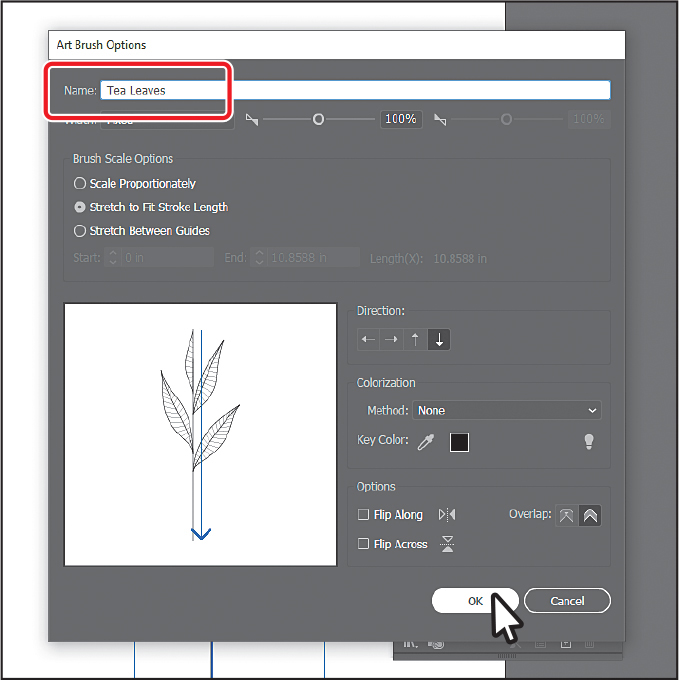 A screenshot shows the Art Brush Options dialog box. The Name text box at the top of the dialog box reads, Tea Leaves and is outlined. Two buttons, Cancel and OK are present at the bottom from which OK is selected.