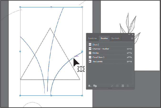 A screenshot of the Brushes panel overlapping the art board is shown. The art board shows three vertical curved lines over a triangle selected using the selection tool. The Brushes panel lists five different brushes.