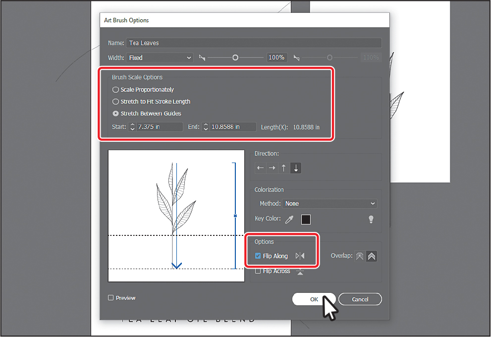 A screenshot shows the Art Brush Options dialog box overlapping the art board.